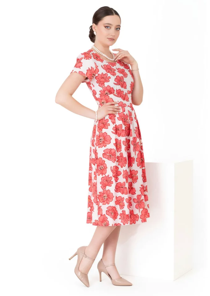 Rochie de zi coral daisy cu pliuri