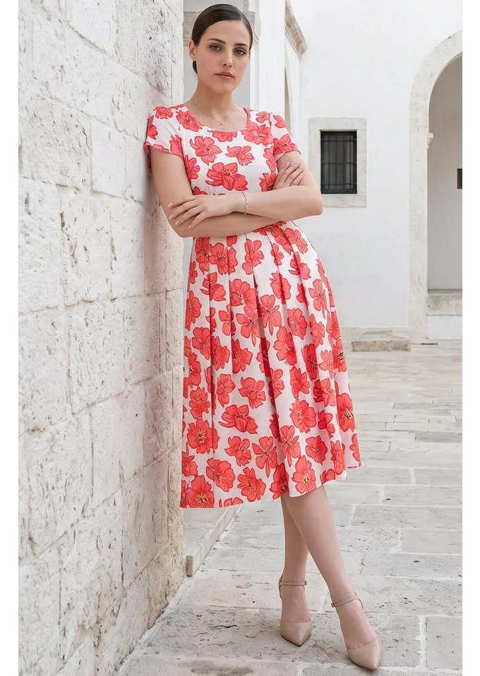 Rochie de zi coral daisy cu pliuri