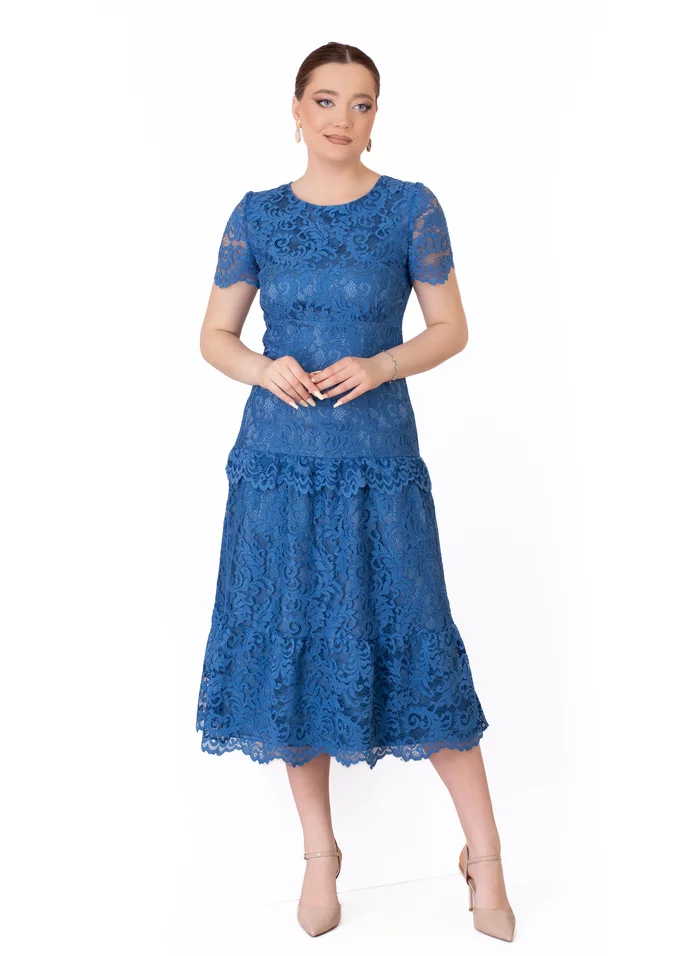 Rochie din dantela macrame albastru petrol amour cu detalii satinate