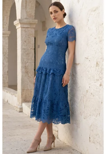 Rochie din dantela macrame albastru petrol amour cu detalii satinate