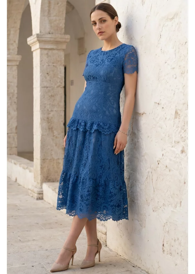 Rochie din dantela macrame albastru petrol amour cu detalii satinate
