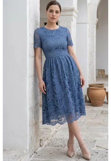 Rochie din dantela macrame albastru petrol cu detalii satinate