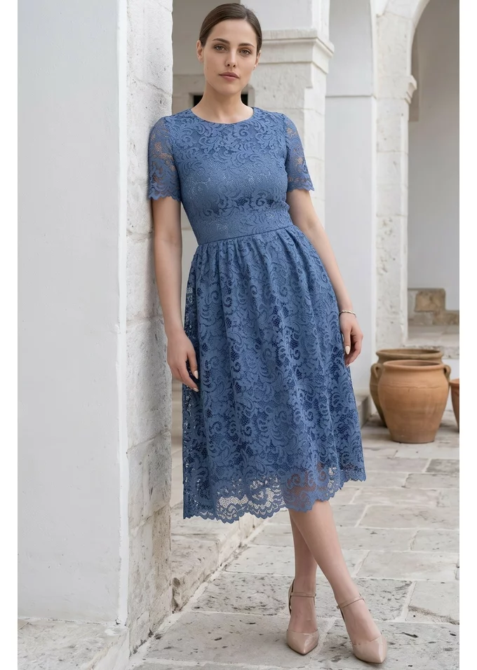 Rochie din dantela macrame albastru petrol cu detalii satinate