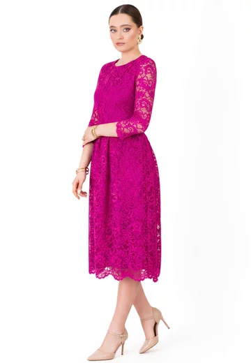 Rochie din dantela macrame magenta cu detalii satinate