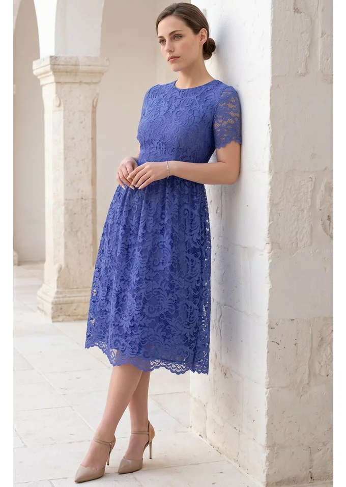Rochie din dantela macrame purple  cu detalii satinate