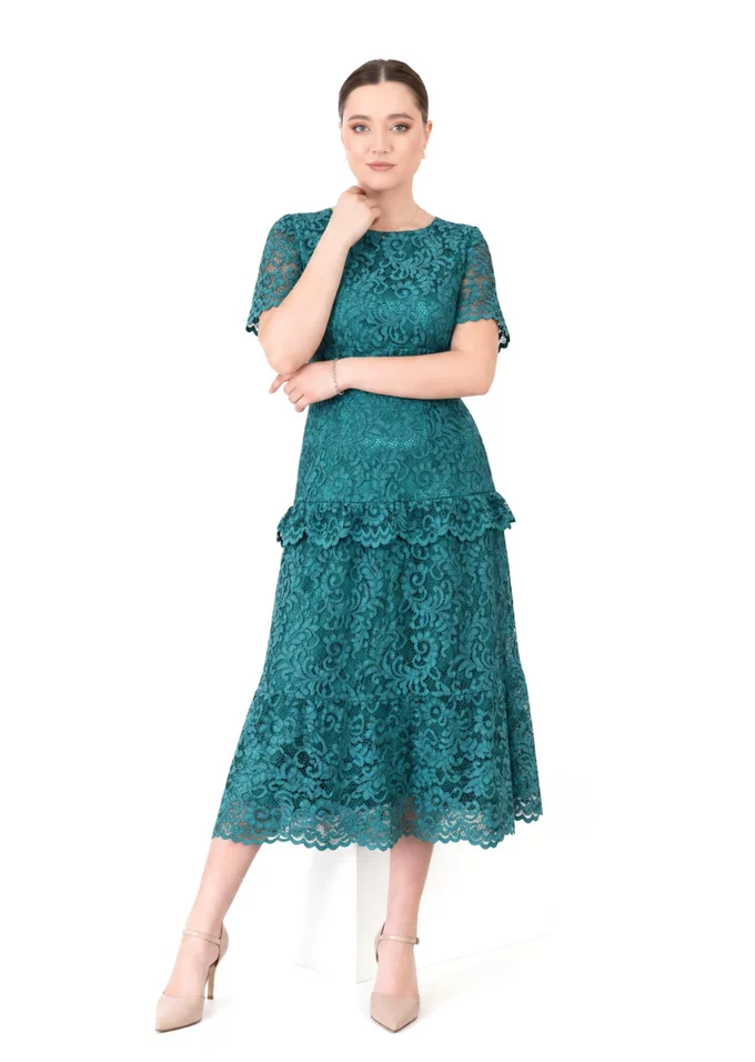 Rochie din dantela macrame turquoise amour cu detalii satinate