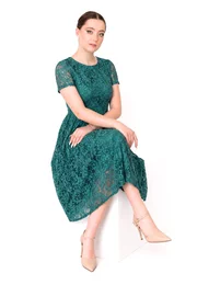 Rochie din dantela macrame turquoise cu detalii satinate