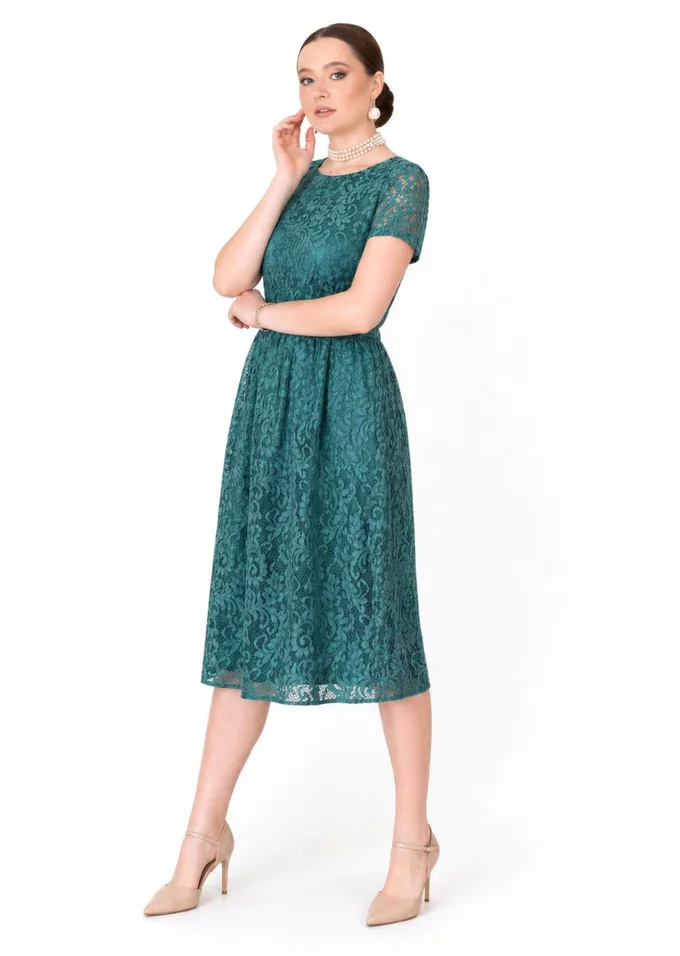 Rochie din dantela macrame turquoise cu detalii satinate