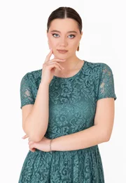 Rochie din dantela macrame turquoise cu detalii satinate
