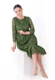 Rochie din dantela macrame verde pin cu detalii satinate