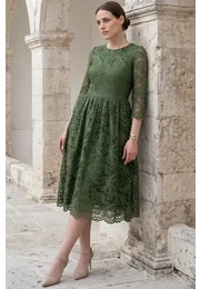 Rochie din dantela macrame verde pin cu detalii satinate