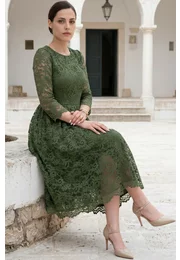 Rochie din dantela macrame verde pin cu detalii satinate