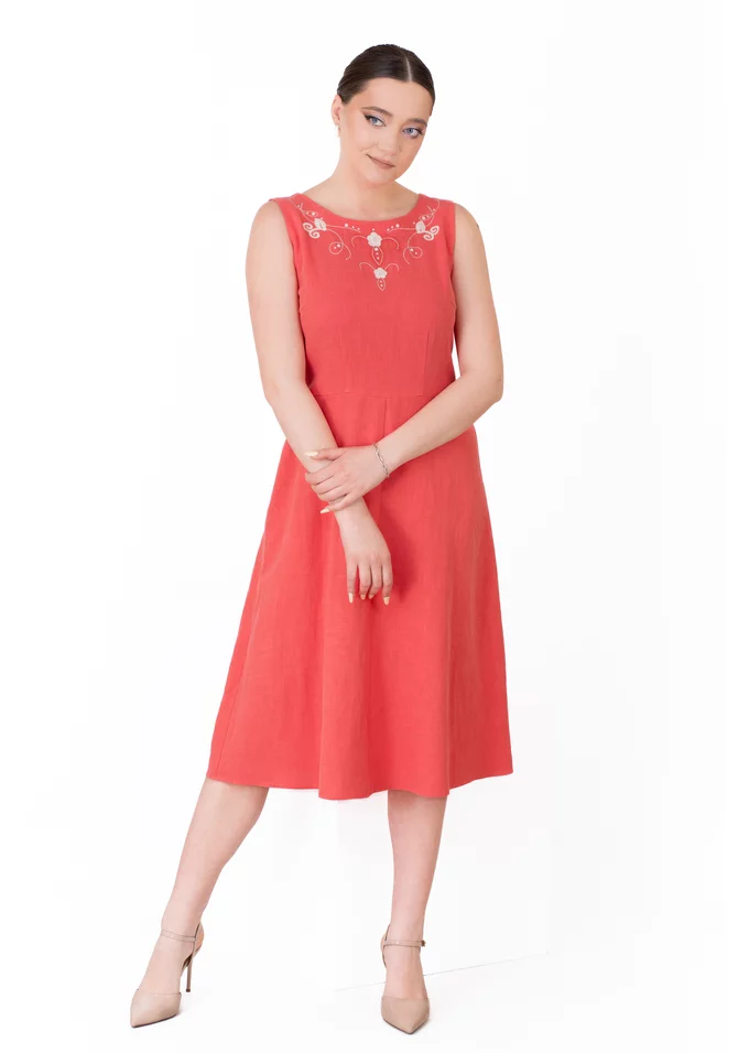 Rochie din in coral fiesta decorata cu broderie fina si perle