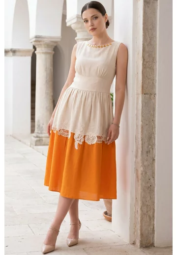 Rochie din in orange punch cu pietre