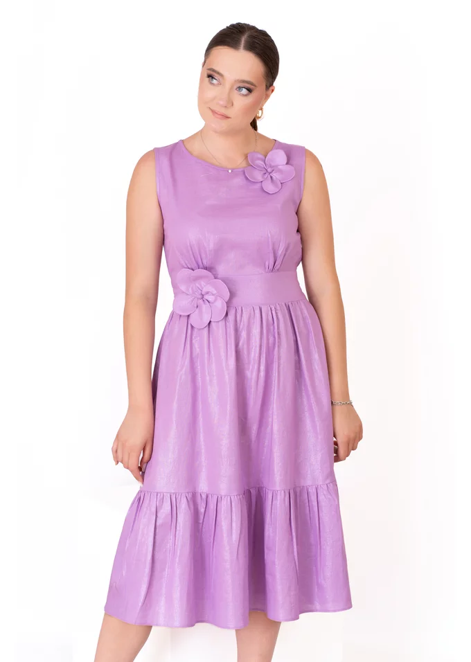 Rochie din in peliculizat mov orhid accesorizata cu flori