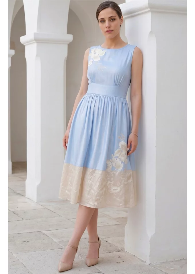 Rochie din in peliculizat sky blue cu insertii crem auriu fara maneca