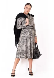 Rochie din jerse gri cu print abstract accesorizata cu funda