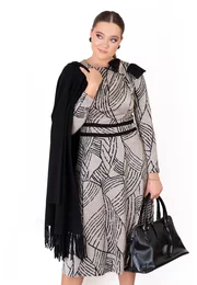 Rochie din jerse gri cu print abstract accesorizata cu funda