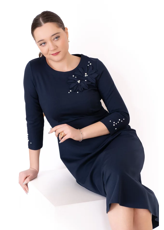 Rochie din jerse navy decorata cu flori si perle