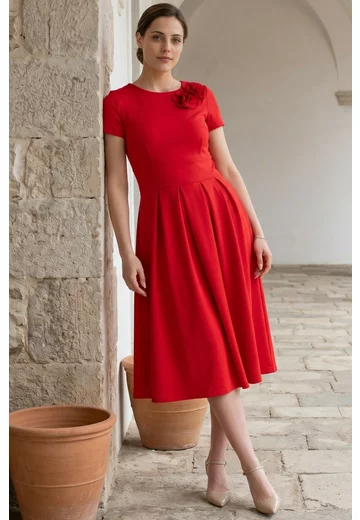 Rochie din jerse rosu cherry decorata cu flori 3d