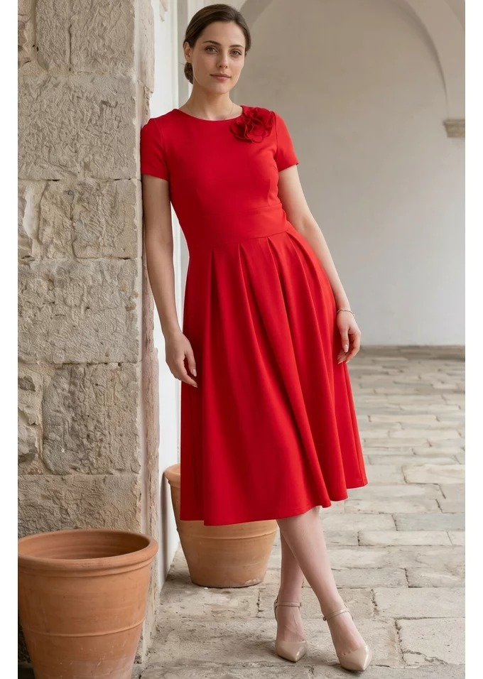 Rochie din jerse rosu cherry decorata cu flori 3d