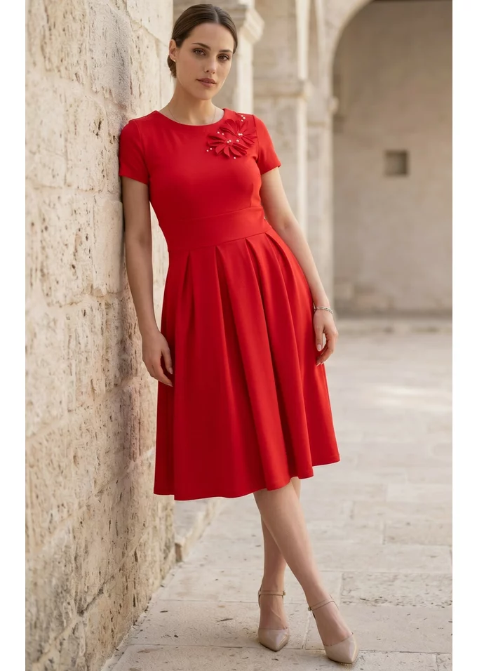 Rochie din jerse rosu cherry decorata cu perle si petale