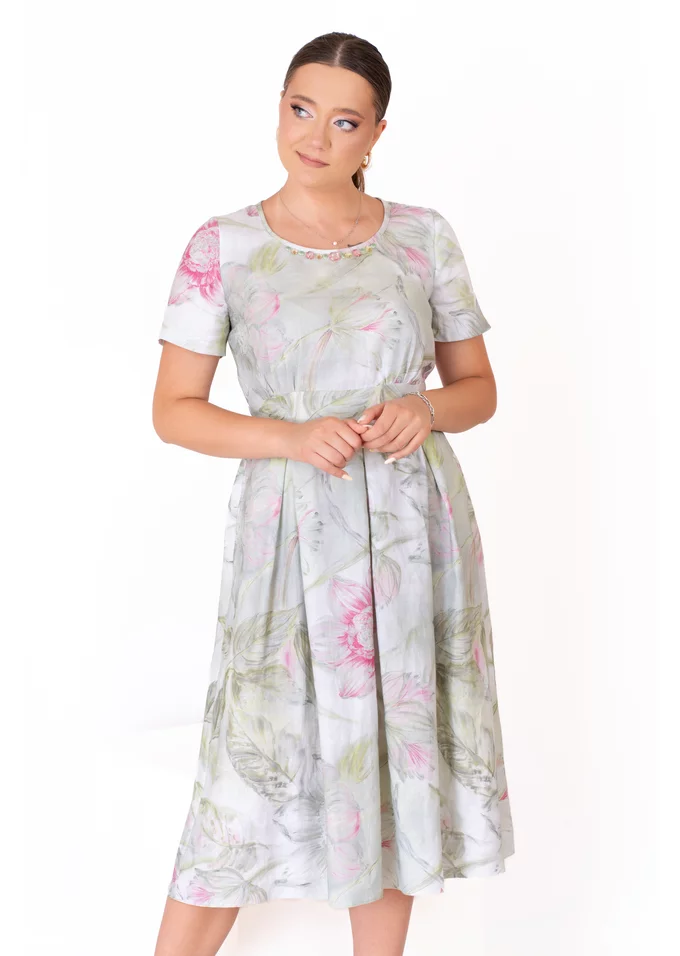 Rochie din material imprimat green pastel cu irizatii rose