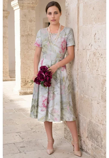 Rochie din material imprimat green pastel cu irizatii rose