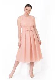 Rochie din organza cream peach cu funda satinata
