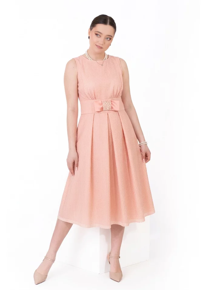 Rochie din organza cream peach cu funda satinata