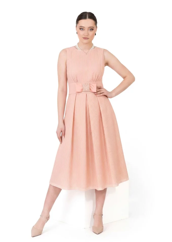 Rochie din organza cream peach cu funda satinata