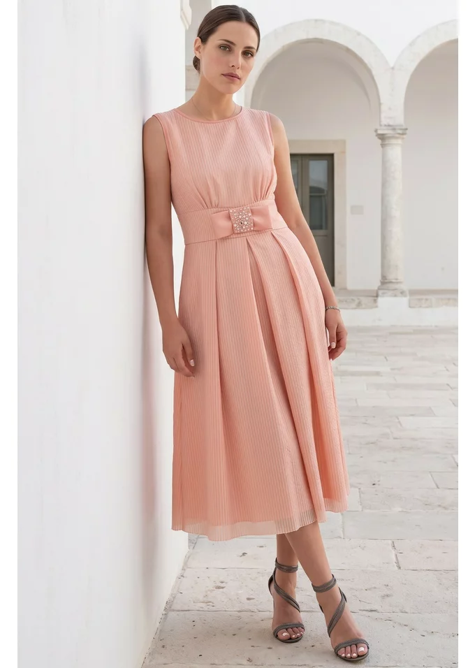 Rochie din organza cream peach cu funda satinata
