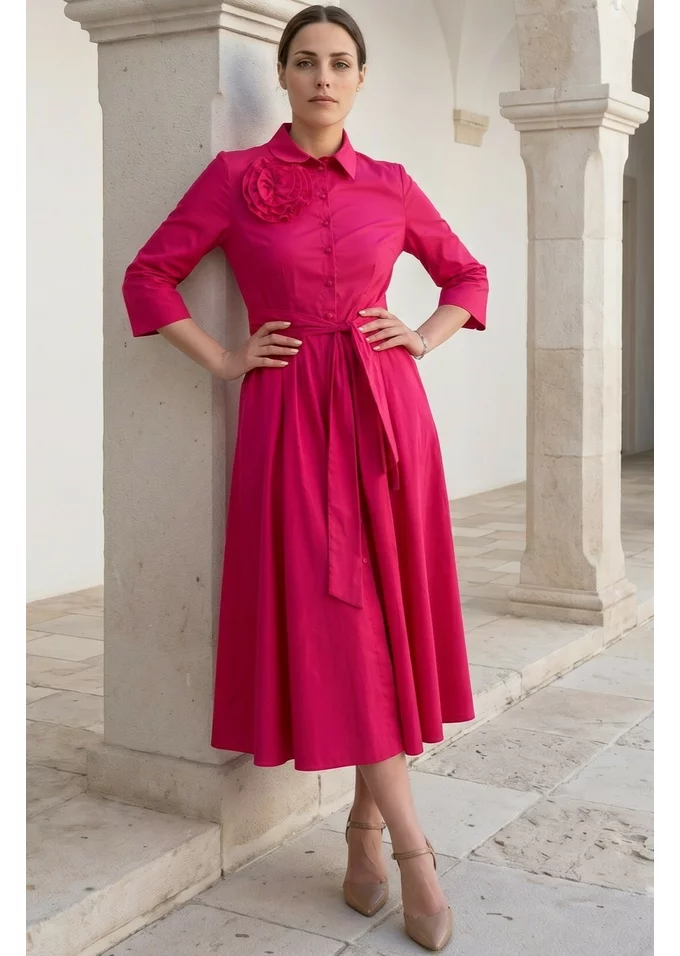 Rochie din poplin hot pink  decorata cu floare si cordon
