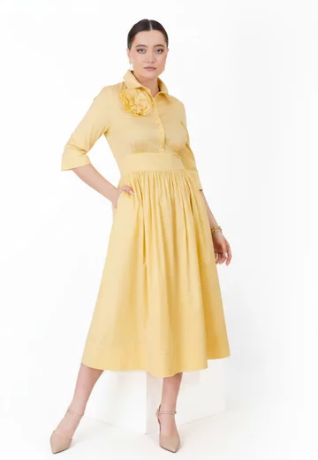 Rochie din poplin yellow decorata cu floare