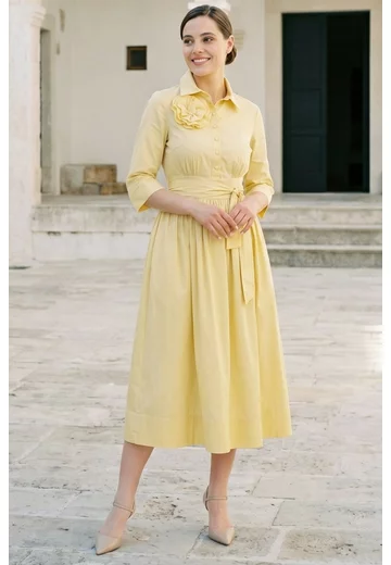 Rochie din poplin yellow decorata cu floare
