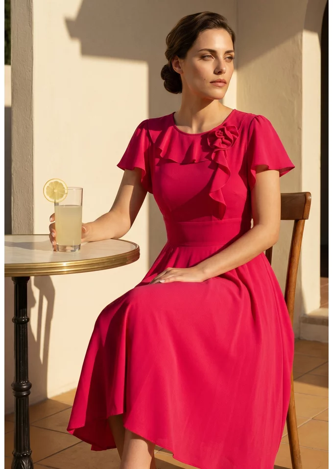 Rochie din vascoza ciclam cu detaliu floral