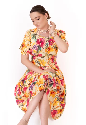 Rochie din vascoza  garden bloom cu maneci bufante