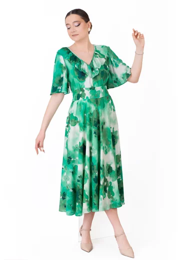 Rochie din vascoza in stil boem aqua marine flower decorata cu volanas