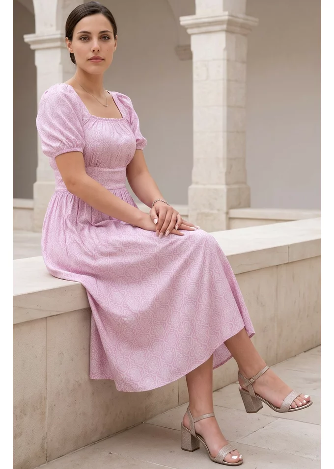 Rochie din vascoza vaporoasa blush pink cu imprimeu marunt