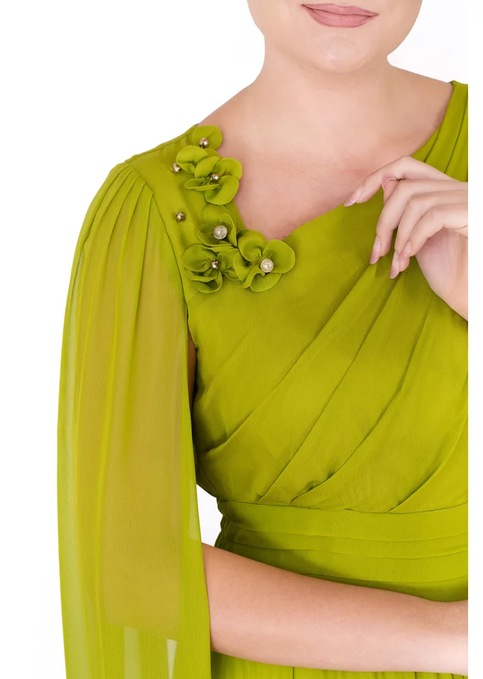 Rochie drapata imperial dark lime cu umar asimetric din voal fin