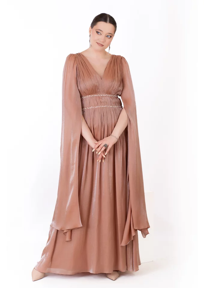 Rochie drapata mocha latte cu detalii din strasuri si perle
