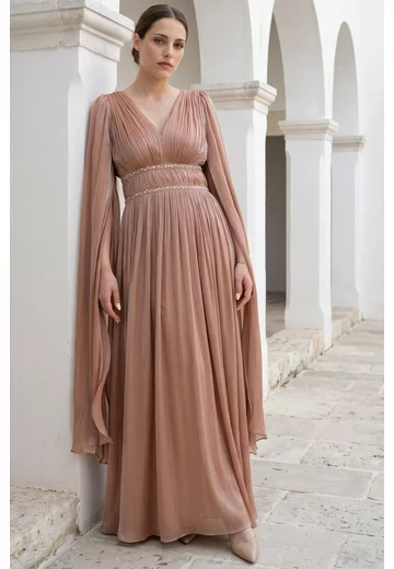 Rochie drapata mocha latte cu detalii din strasuri si perle