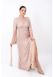 Rochie drapata soft peach cu detalii din strasuri si perle