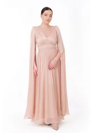 Rochie drapata soft peach cu detalii din strasuri si perle