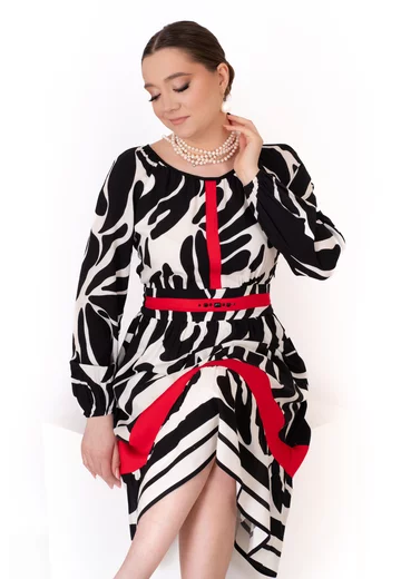 Rochie dual print abstract din vascoza accesorizata cu strasuri