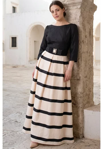 Rochie elegant stripe din vascoza creponata si detalii satinate