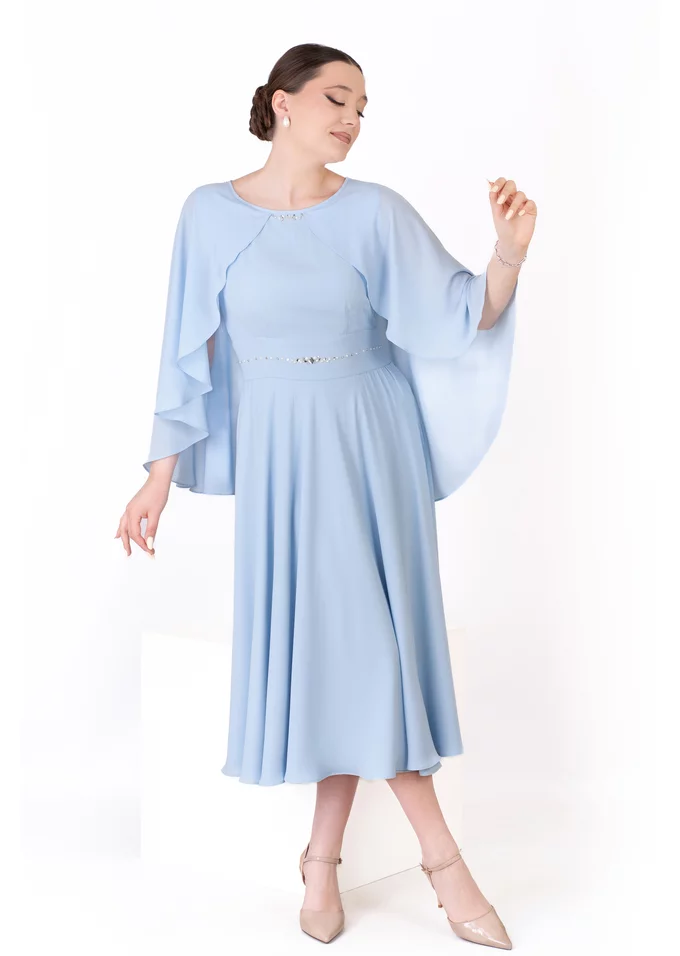 Rochie eleganta baby blue din voal cu capa