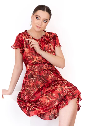 Rochie eleganta Bordo Abstarct animal cu maneca tip lalea