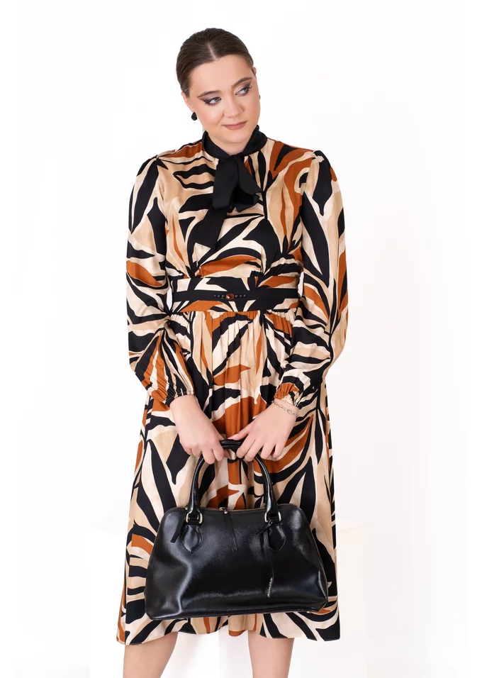 Rochie eleganta brown mirage cu esarfa in contrast