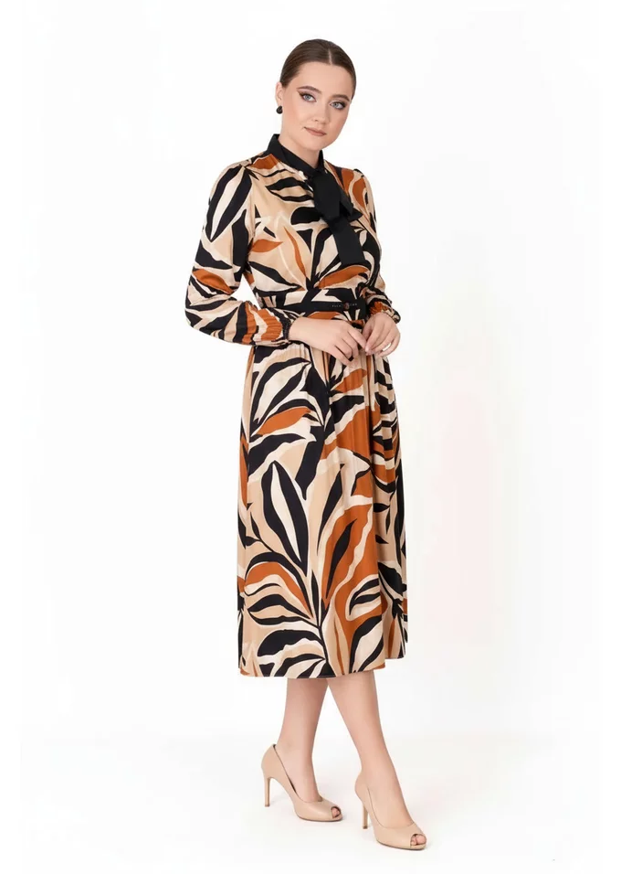 Rochie eleganta brown mirage cu esarfa in contrast